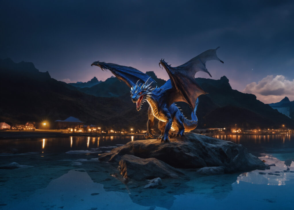 Cobalt Dragon near a lakeside settlement